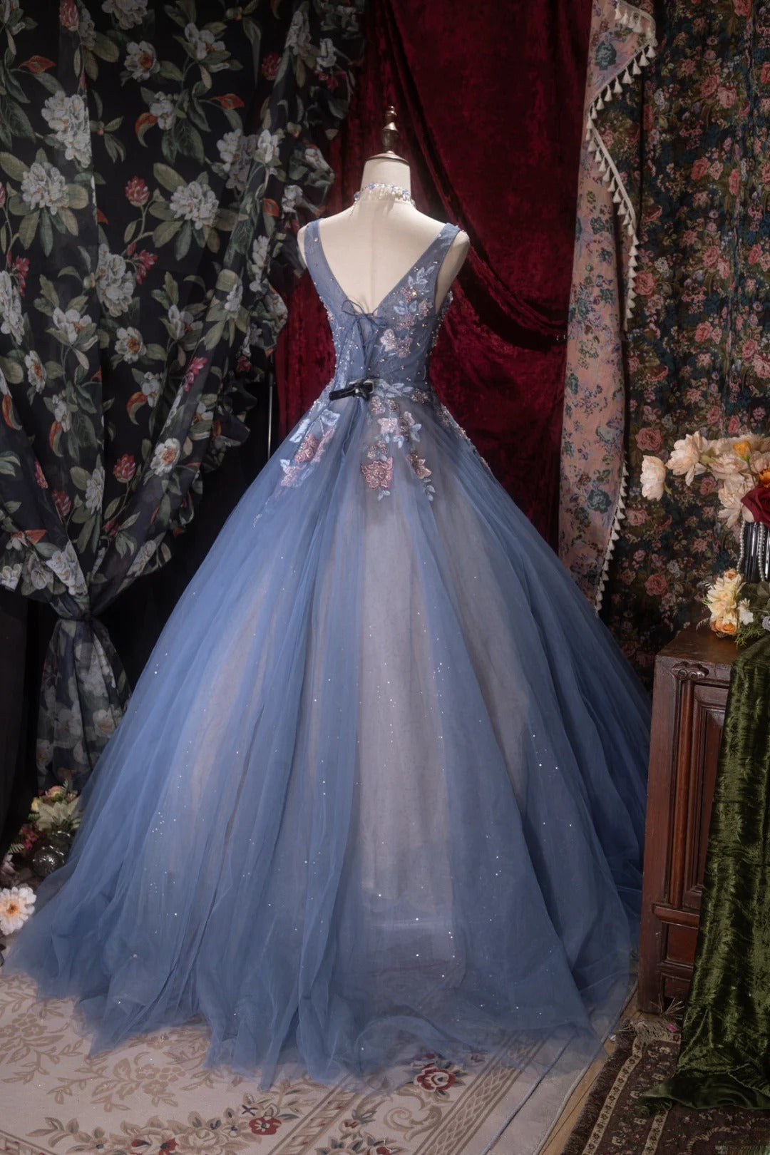 Elegant Ball Gown Straps Dusty Blue Tulle With Flowers Long Quince Dress Quinceanera Dresses Formal Birthday Outfits RB8084