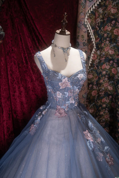 Elegant Ball Gown Straps Dusty Blue Tulle With Flowers Long Quince Dress Quinceanera Dresses Formal Birthday Outfits RB8084