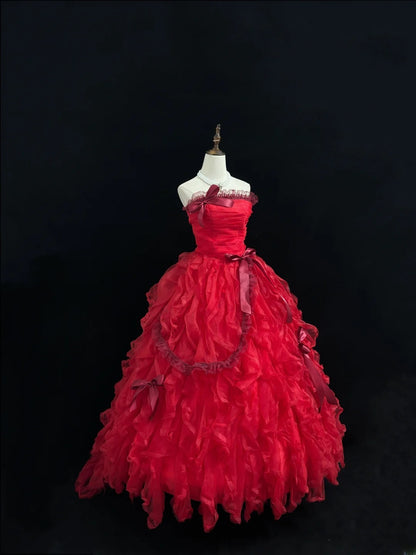 Stunning Ball Gown Strapless Red Tulle With Tiered Layers Quince Dress Voluminous Sweet 16 Sweet Sixteen Outfits Vestido de RB7433