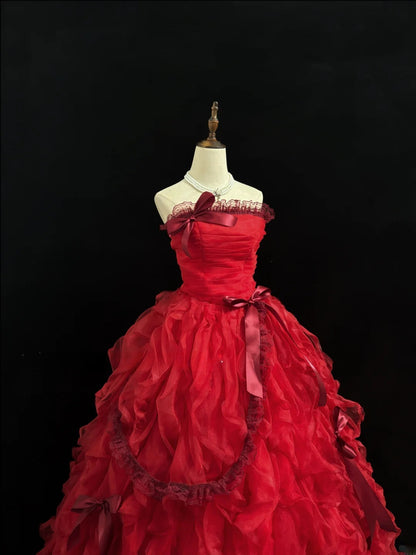 Stunning Ball Gown Strapless Red Tulle With Tiered Layers Quince Dress Voluminous Sweet 16 Sweet Sixteen Outfits Vestido de RB7433