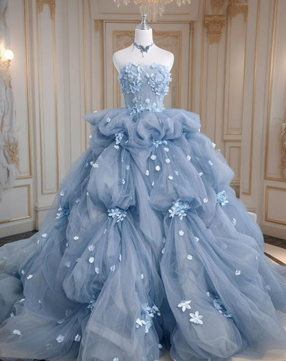 Pretty Quinceanera Dress Ball Gown Strapless Blue Tulle With Flowers Tiered Layers 16th Birthday Party Outfit RC1091