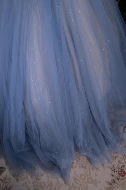 Elegant Ball Gown Straps Dusty Blue Tulle With Flowers Long Quince Dress Quinceanera Dresses Formal Birthday Outfits RB8084