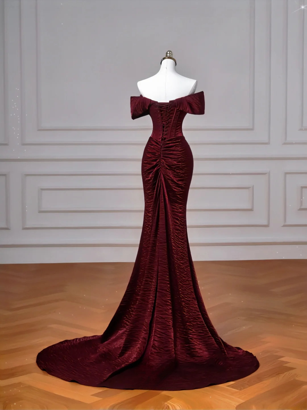 Simple Mermaid Off The Shoulder Burgundy With Sleeves Long Formal Prom Dresses Night Outfits Party Gowns AQ062