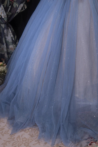 Elegant Ball Gown Straps Dusty Blue Tulle With Flowers Long Quince Dress Quinceanera Dresses Formal Birthday Outfits RB8084