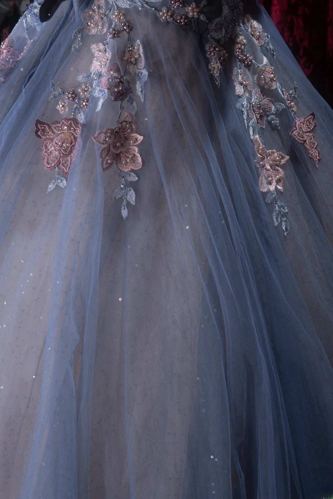Elegant Ball Gown Straps Dusty Blue Tulle With Flowers Long Quince Dress Quinceanera Dresses Formal Birthday Outfits RB8084