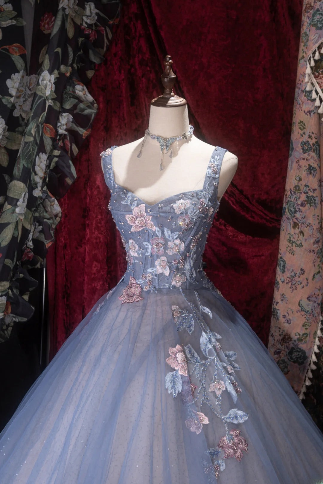 Elegant Ball Gown Straps Dusty Blue Tulle With Flowers Long Quince Dress Quinceanera Dresses Formal Birthday Outfits RB8084