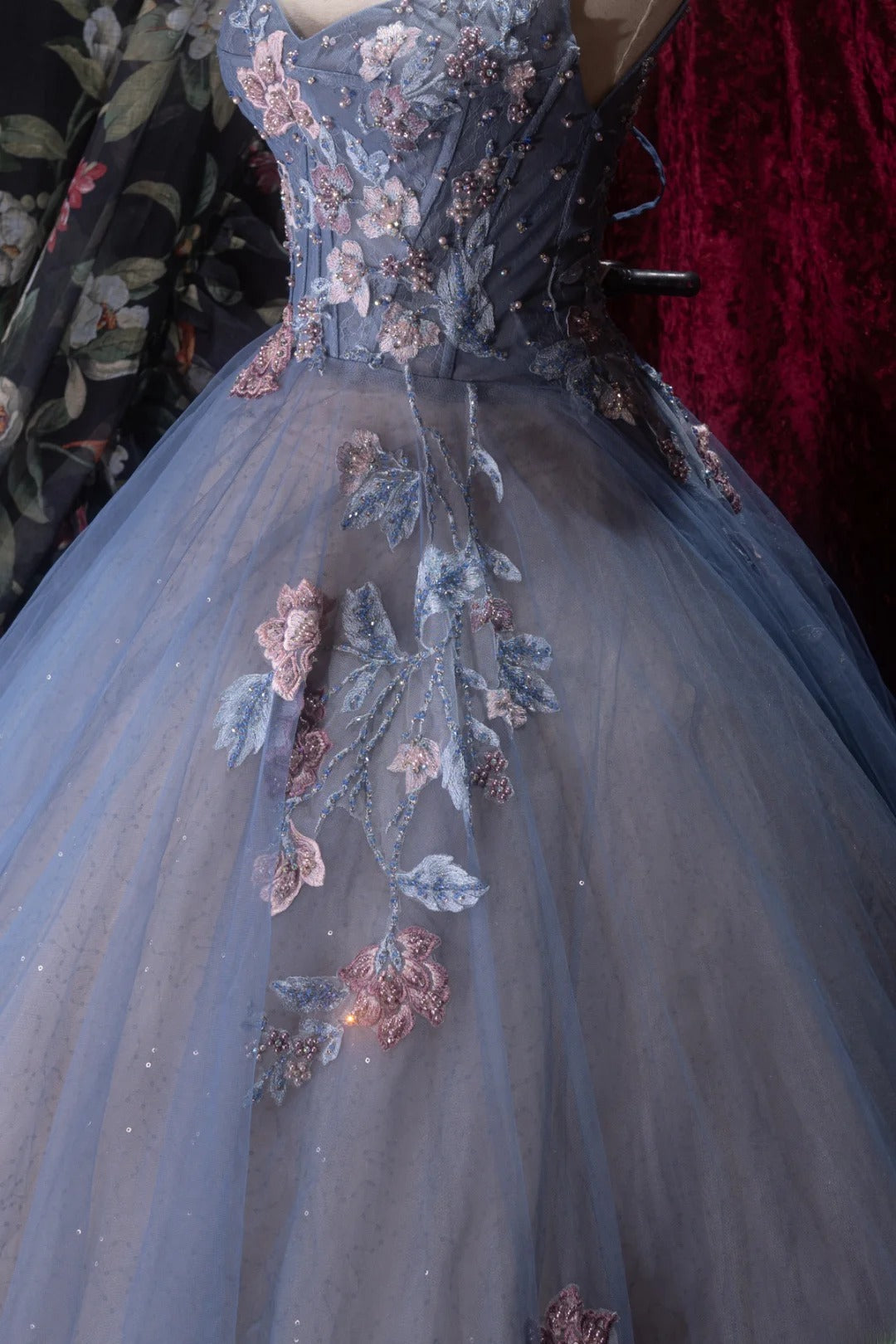 Elegant Ball Gown Straps Dusty Blue Tulle With Flowers Long Quince Dress Quinceanera Dresses Formal Birthday Outfits RB8084