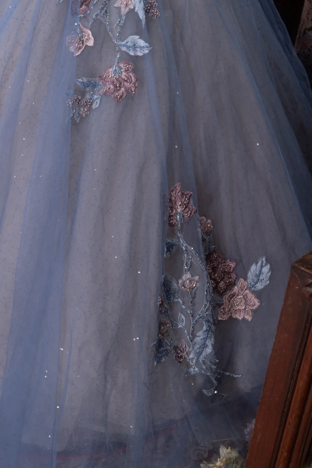 Elegant Ball Gown Straps Dusty Blue Tulle With Flowers Long Quince Dress Quinceanera Dresses Formal Birthday Outfits RB8084