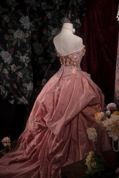 Elegant Ball Gown Spaghetti Straps Coral Pink Taffeta With Flowers Long Quince Dress Quinceanera Dresses Formal Birthday Outfits RB8085