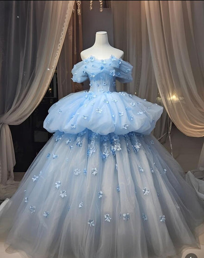 Fairy Quinceanera Dress Ball Gown Off The Shoulder Blue Flowers Tulle With Tiered Quince Dresses RC1092