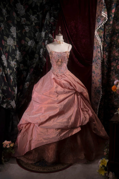 Elegant Ball Gown Spaghetti Straps Coral Pink Taffeta With Flowers Long Quince Dress Quinceanera Dresses Formal Birthday Outfits RB8085
