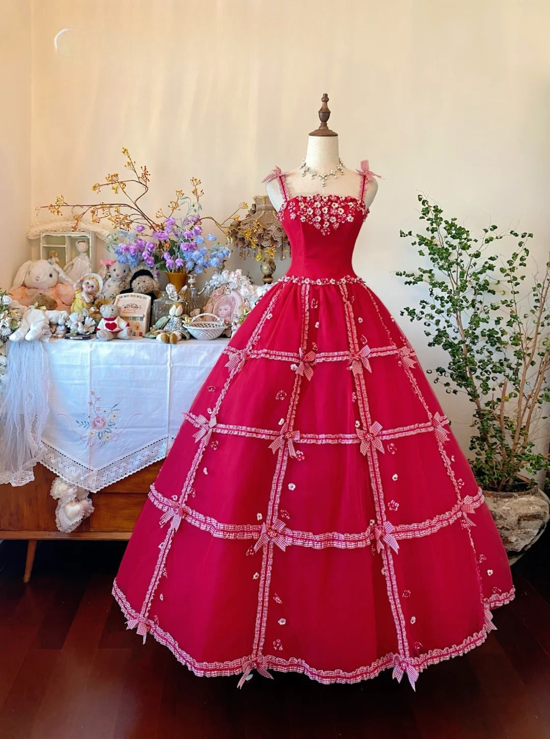 Tulle Prom Dress Long Ball Gown Spaghetti Straps Red With Bow-knot Formal Graduation Gown RB9049