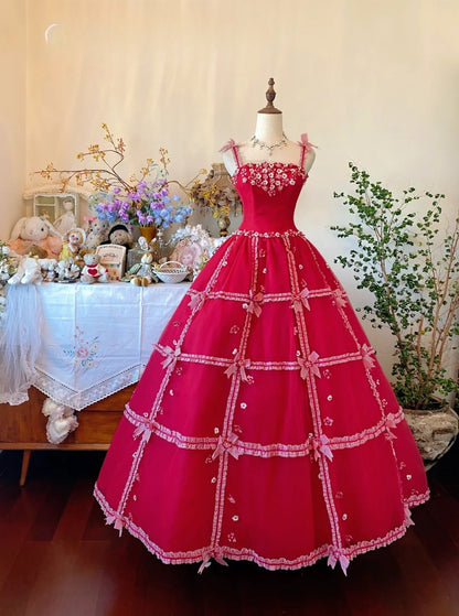 Tulle Prom Dress Long Ball Gown Spaghetti Straps Red With Bow-knot Formal Graduation Gown RB9049