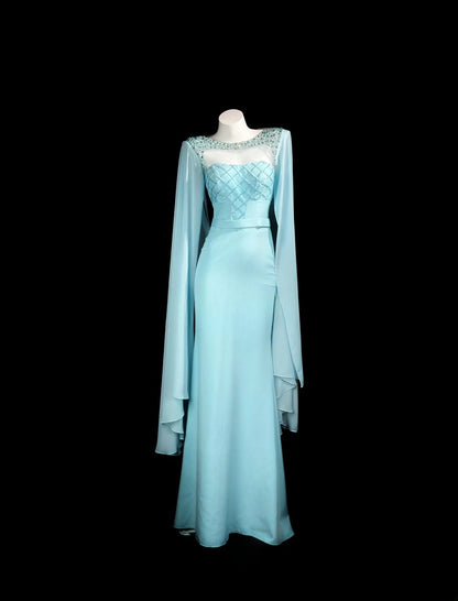 Vintage 90s Prom Dresses Mermaid Scoop Light Blue Chiffon With Long Sleeves Evening Dress Formal Outfits RB5869