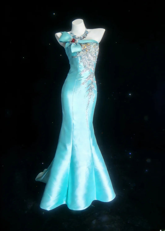 Classy Mermaid One Shoulder Blue Satin With Beaded Bodice Sleeveless Long Prom Dresses Inspo Senior Sweet 16 Birthday Outfits AS063