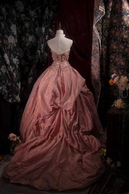 Elegant Ball Gown Spaghetti Straps Coral Pink Taffeta With Flowers Long Quince Dress Quinceanera Dresses Formal Birthday Outfits RB8085