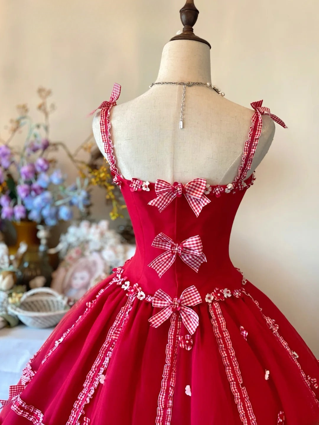 Tulle Prom Dress Long Ball Gown Spaghetti Straps Red With Bow-knot Formal Graduation Gown RB9049