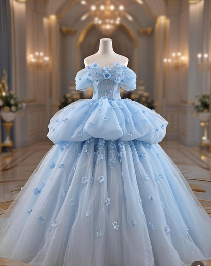 Fairy Quinceanera Dress Ball Gown Off The Shoulder Blue Flowers Tulle With Tiered Quince Dresses RC1092