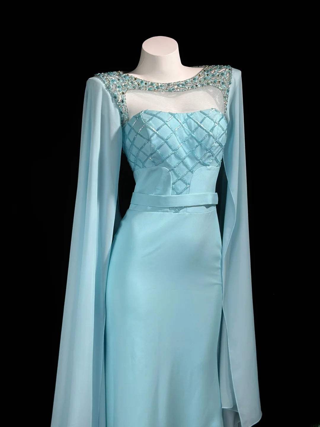 Vintage 90s Prom Dresses Mermaid Scoop Light Blue Chiffon With Long Sleeves Evening Dress Formal Outfits RB5869