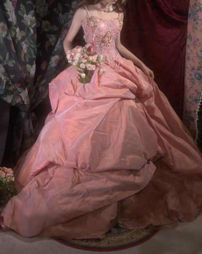 Elegant Ball Gown Spaghetti Straps Coral Pink Taffeta With Flowers Long Quince Dress Quinceanera Dresses Formal Birthday Outfits RB8085
