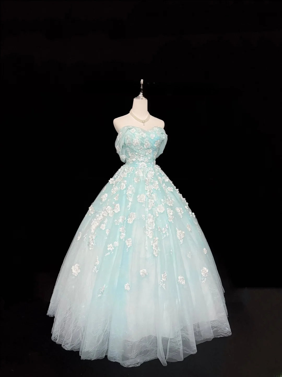 Classy Ball Gown Off The Shoulder Blue Tulle With Appliqued Quince Dress Voluminous Sweet 16 Quinceanera Dresses Vestido de RB7434