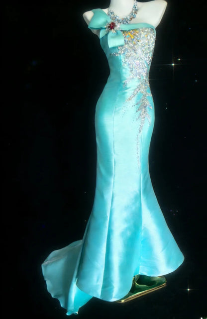 Classy Mermaid One Shoulder Blue Satin With Beaded Bodice Sleeveless Long Prom Dresses Inspo Senior Sweet 16 Birthday Outfits AS063