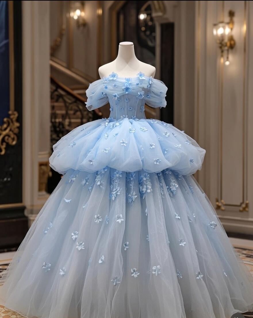 Fairy Quinceanera Dress Ball Gown Off The Shoulder Blue Flowers Tulle With Tiered Quince Dresses RC1092
