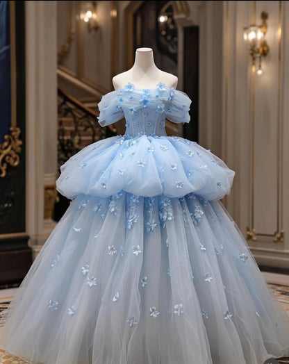 Fairy Quinceanera Dress Ball Gown Off The Shoulder Blue Flowers Tulle With Tiered Quince Dresses RC1092