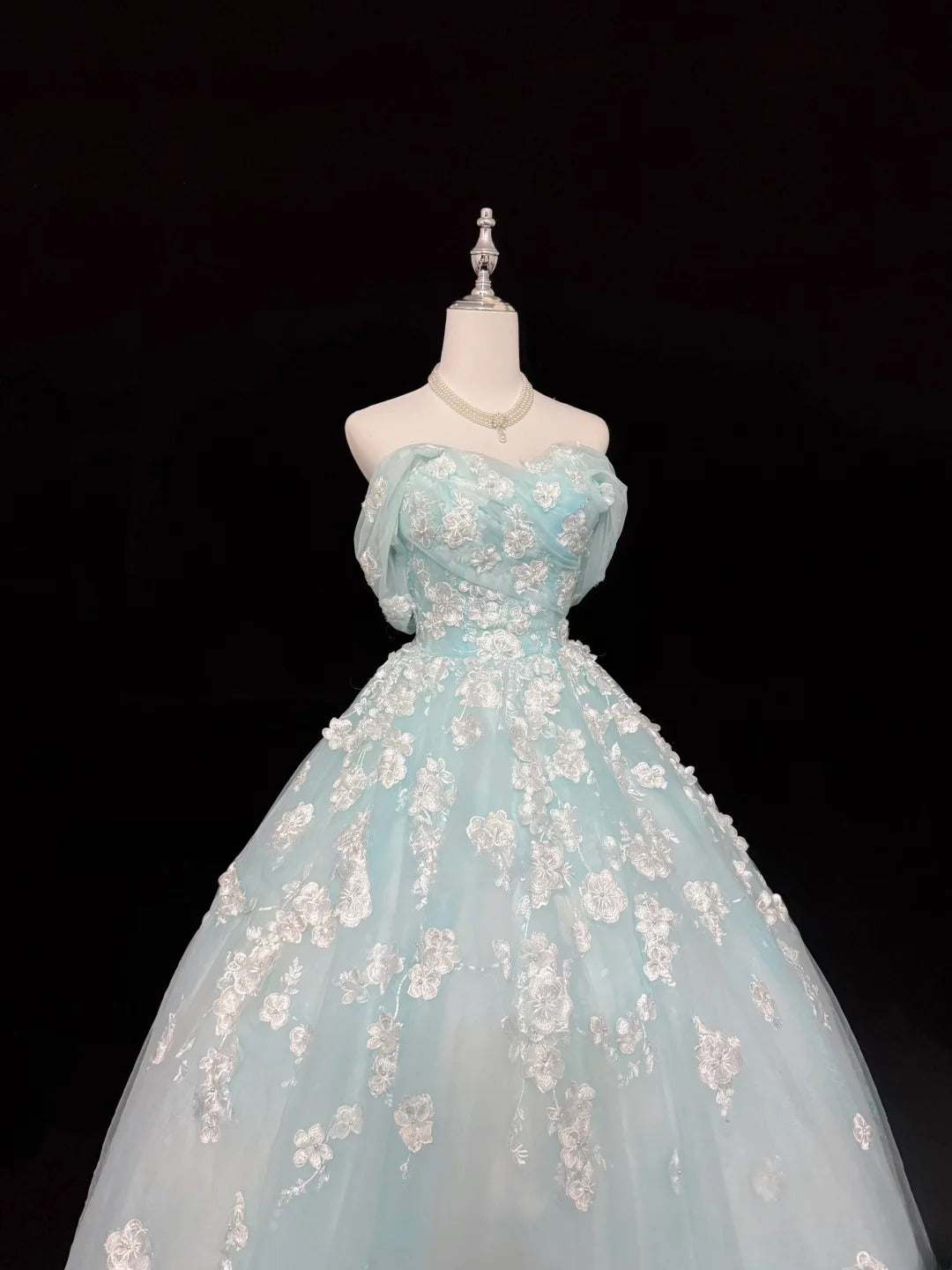 Classy Ball Gown Off The Shoulder Blue Tulle With Appliqued Quince Dress Voluminous Sweet 16 Quinceanera Dresses Vestido de RB7434