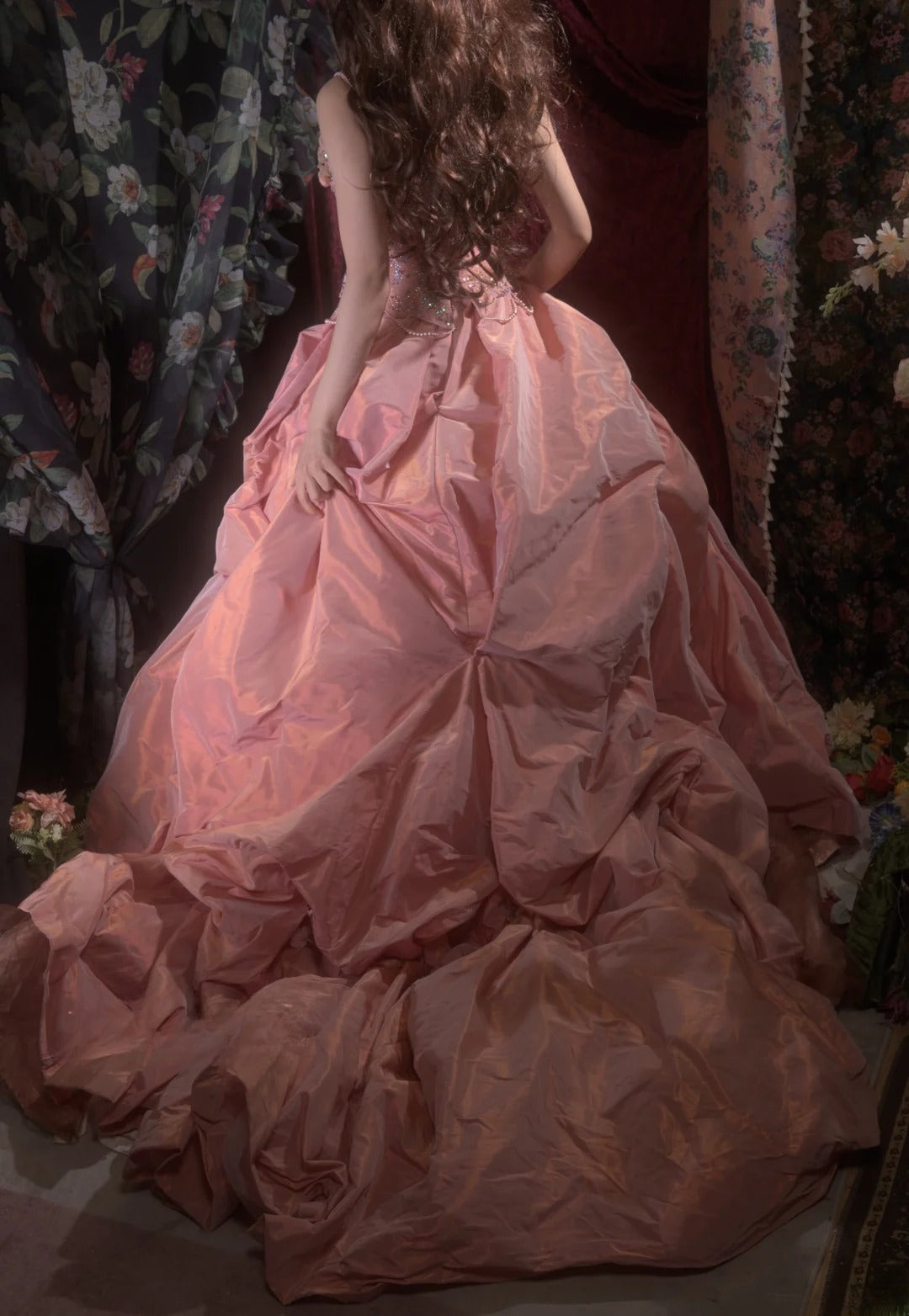 Elegant Ball Gown Spaghetti Straps Coral Pink Taffeta With Flowers Long Quince Dress Quinceanera Dresses Formal Birthday Outfits RB8085