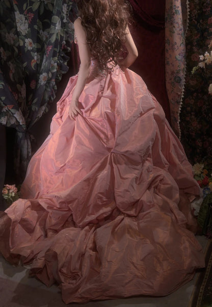 Elegant Ball Gown Spaghetti Straps Coral Pink Taffeta With Flowers Long Quince Dress Quinceanera Dresses Formal Birthday Outfits RB8085