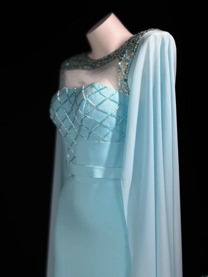 Vintage 90s Prom Dresses Mermaid Scoop Light Blue Chiffon With Long Sleeves Evening Dress Formal Outfits RB5869