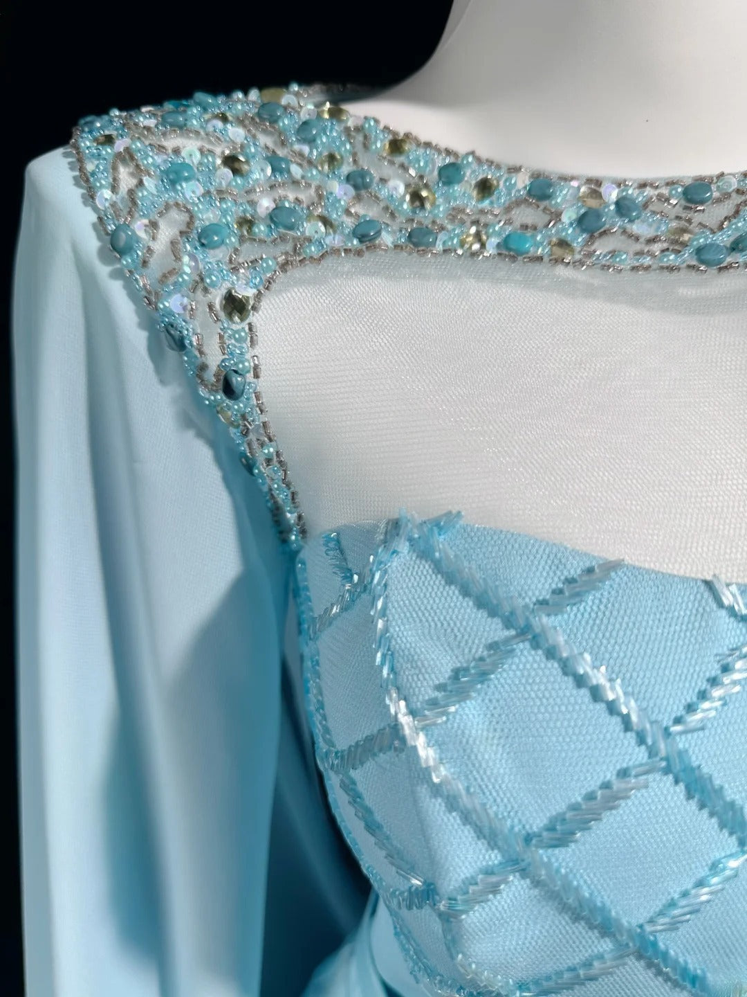 Vintage 90s Prom Dresses Mermaid Scoop Light Blue Chiffon With Long Sleeves Evening Dress Formal Outfits RB5869