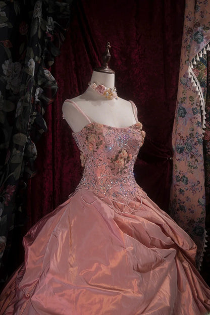 Elegant Ball Gown Spaghetti Straps Coral Pink Taffeta With Flowers Long Quince Dress Quinceanera Dresses Formal Birthday Outfits RB8085