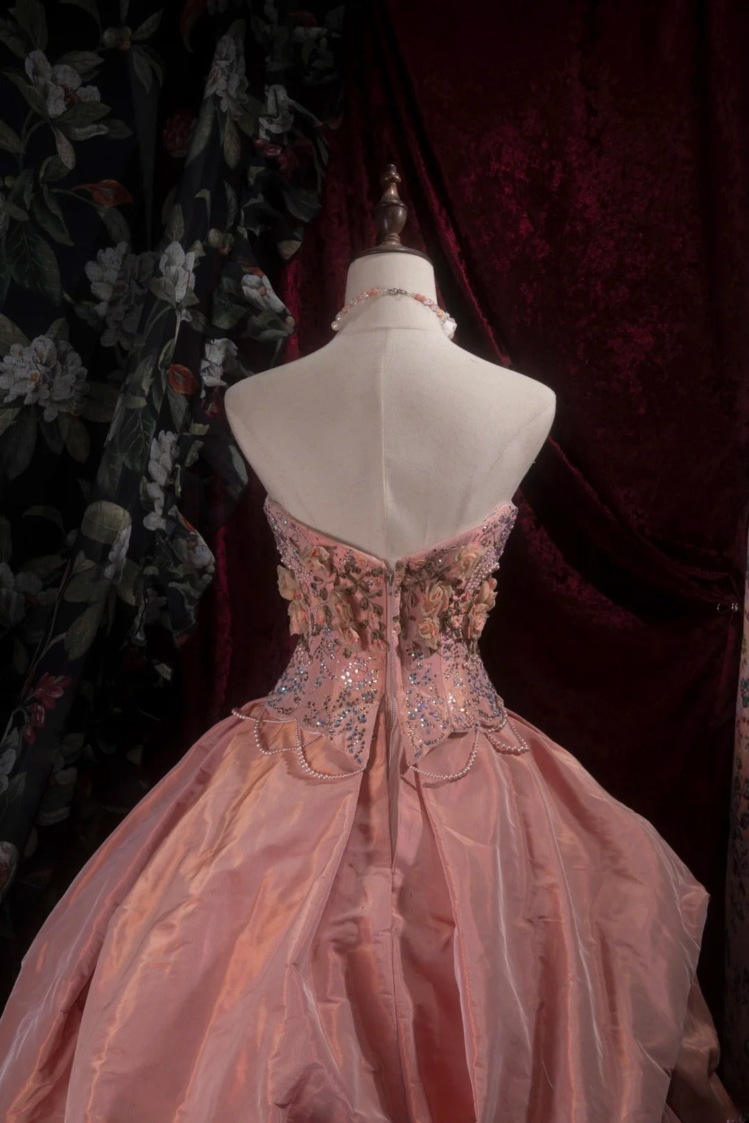 Elegant Ball Gown Spaghetti Straps Coral Pink Taffeta With Flowers Long Quince Dress Quinceanera Dresses Formal Birthday Outfits RB8085