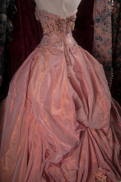 Elegant Ball Gown Spaghetti Straps Coral Pink Taffeta With Flowers Long Quince Dress Quinceanera Dresses Formal Birthday Outfits RB8085