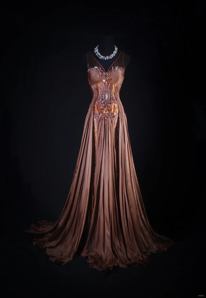 Women's Cocktail Party Gowns 90s Mermaid Brown V Neck Satin With Beads Long Graduation Dinner Outfits Prom Dresses AS064