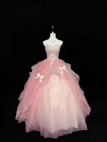 Sweet Ball Gown Sweetheart Pink Tulle With Lace Quince Dress Voluminous Sweet 16 Sweet Sixteen Outfits Vestido de 15 RB7435