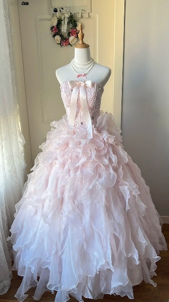 Dream Sweet 16 Dresses Long Strapless Pink With Beading Tiered Ball Gown Sweet Sixteen Party Birthday Gown RC0435