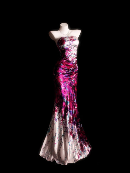 Floral Prom Dress Inspo Mermaid Strapless Satin Modest Long Formal Party Gown RB9865