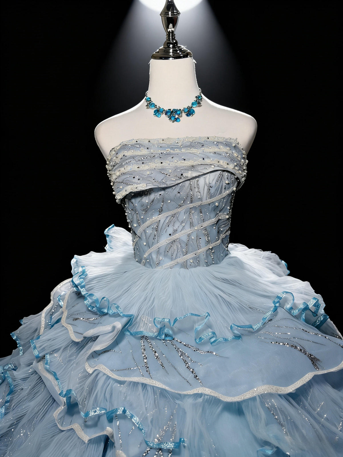 Pretty Quinceanera Dress Ball Gown Strapless Blue Tulle With Tiered Layers 16th Birthday Party Outfit RC1093