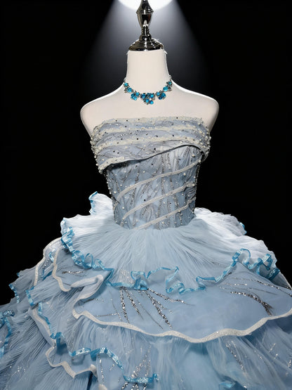 Pretty Quinceanera Dress Ball Gown Strapless Blue Tulle With Tiered Layers 16th Birthday Party Outfit RC1093