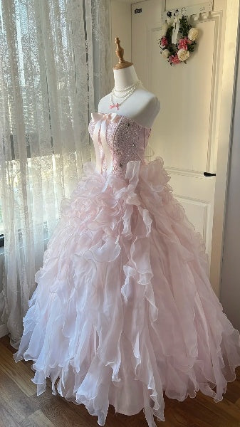 Dream Sweet 16 Dresses Long Strapless Pink With Beading Tiered Ball Gown Sweet Sixteen Party Birthday Gown RC0435