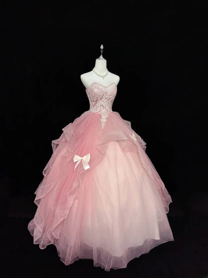 Sweet Ball Gown Sweetheart Pink Tulle With Lace Quince Dress Voluminous Sweet 16 Sweet Sixteen Outfits Vestido de 15 RB7435