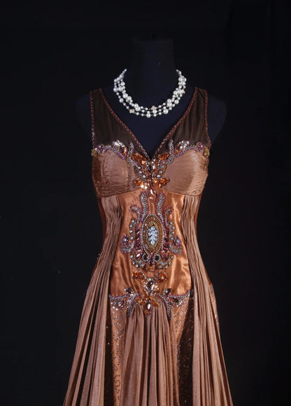 Women's Cocktail Party Gowns 90s Mermaid Brown V Neck Satin With Beads Long Graduation Dinner Outfits Prom Dresses AS064