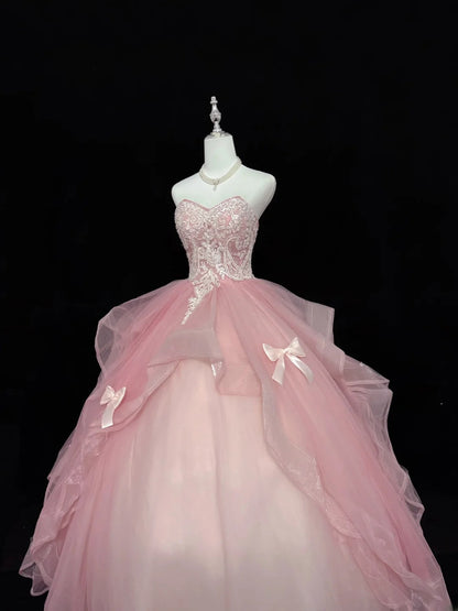 Sweet Ball Gown Sweetheart Pink Tulle With Lace Quince Dress Voluminous Sweet 16 Sweet Sixteen Outfits Vestido de 15 RB7435