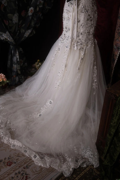 Elegant Mermaid Sweetheart White Tulle With Lace Long Prom Dresses Formal Outfit Evening Night Dress RB8086