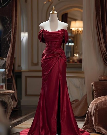Prom Dress Mermaid Off The Shoulder Burgundy Satin Ruffled Slit Floor Length High School Graduation Party Dresses RC1094