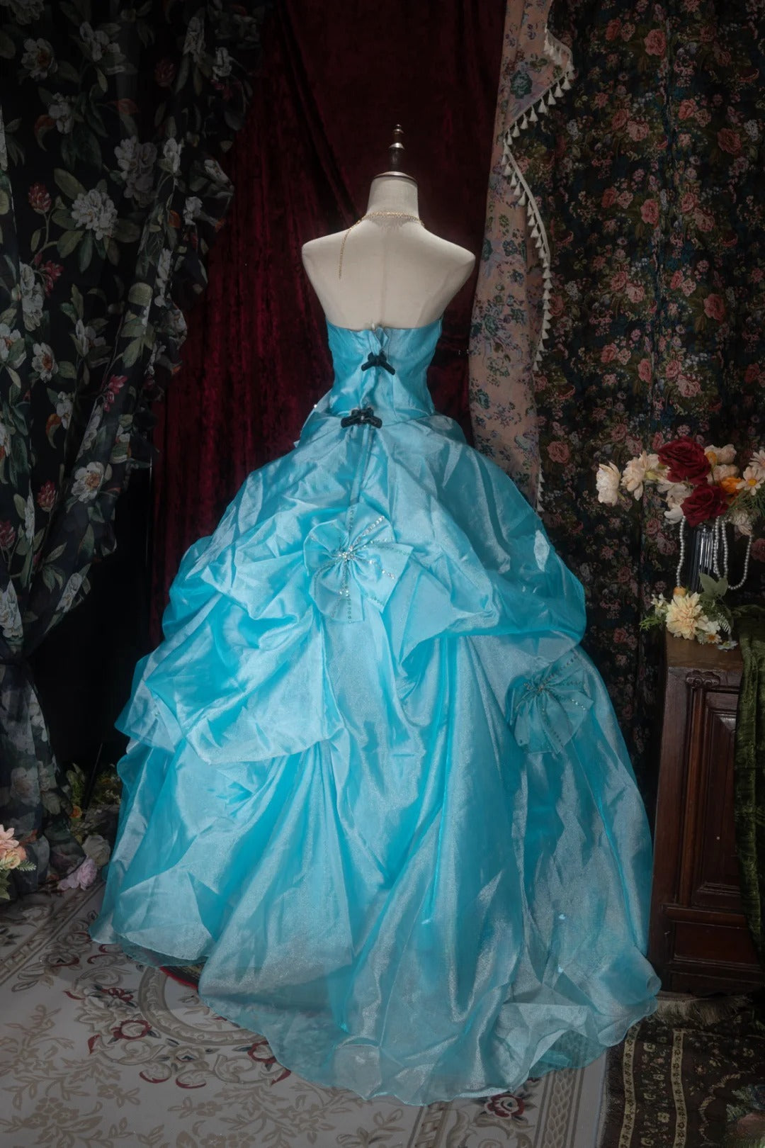 Elegant Ball Gown Strapless Blue Organza With Ruffled Long Quince Dress Quinceanera Dresses Formal Birthday Outfits RB8087