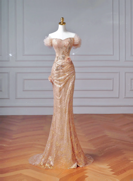 Sparkly Mermaid Off The Shoulder Blush Pink With Sleeves Long Formal Prom Dresses Night Outfits Party Gowns AQ065